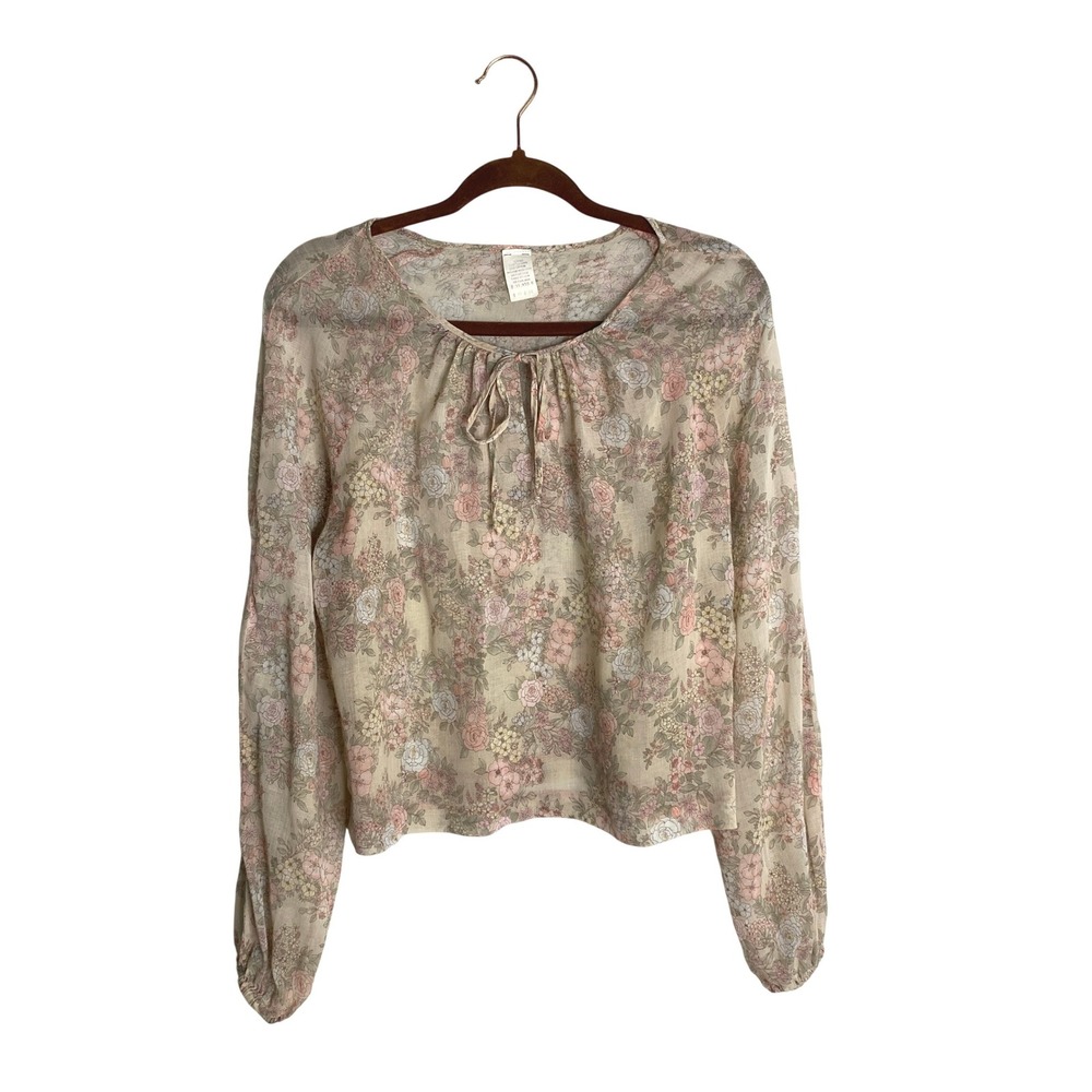 Vintage 70s Cottagecore Floral Tie Neck Sheer Blouse Indie Whimsigoth Top
